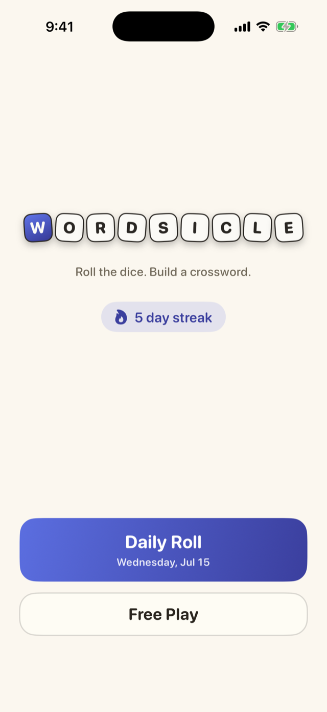 Wordsicle home screen showing a 5 day streak and today's Daily Roll