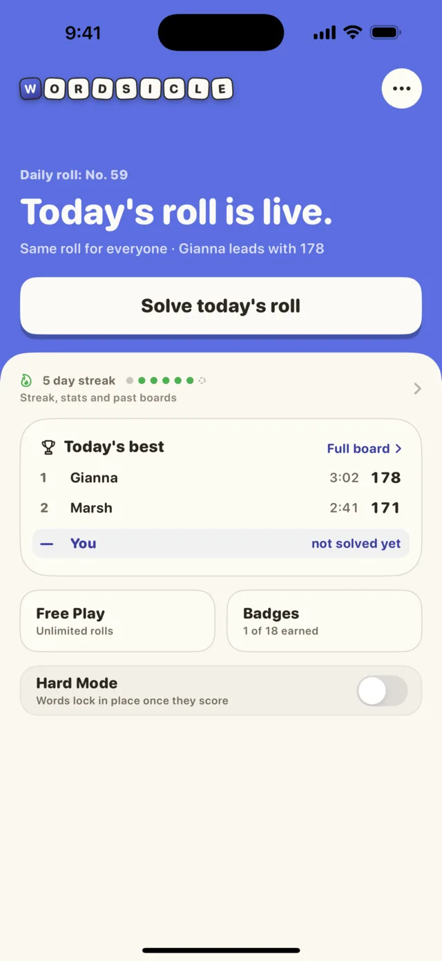 The Daily Roll home screen with a five-day streak and today's leaderboard