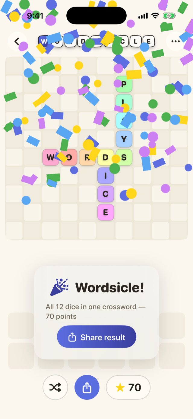 Completed Wordsicle crossword with confetti celebration