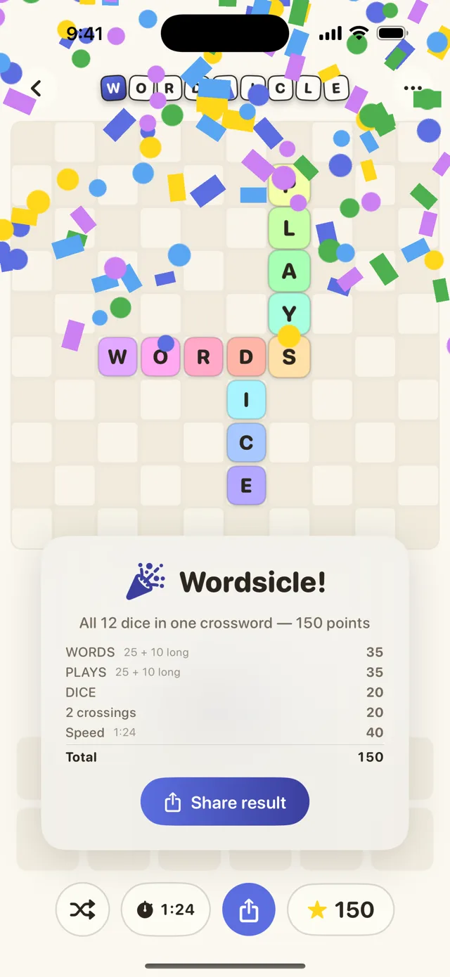Completed Wordsicle crossword with confetti celebration
