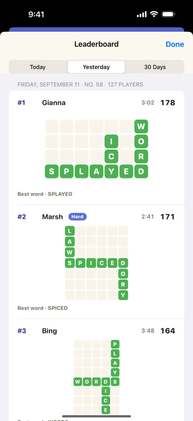 Yesterday's top three completed crosswords, each a different arrangement of the same dice