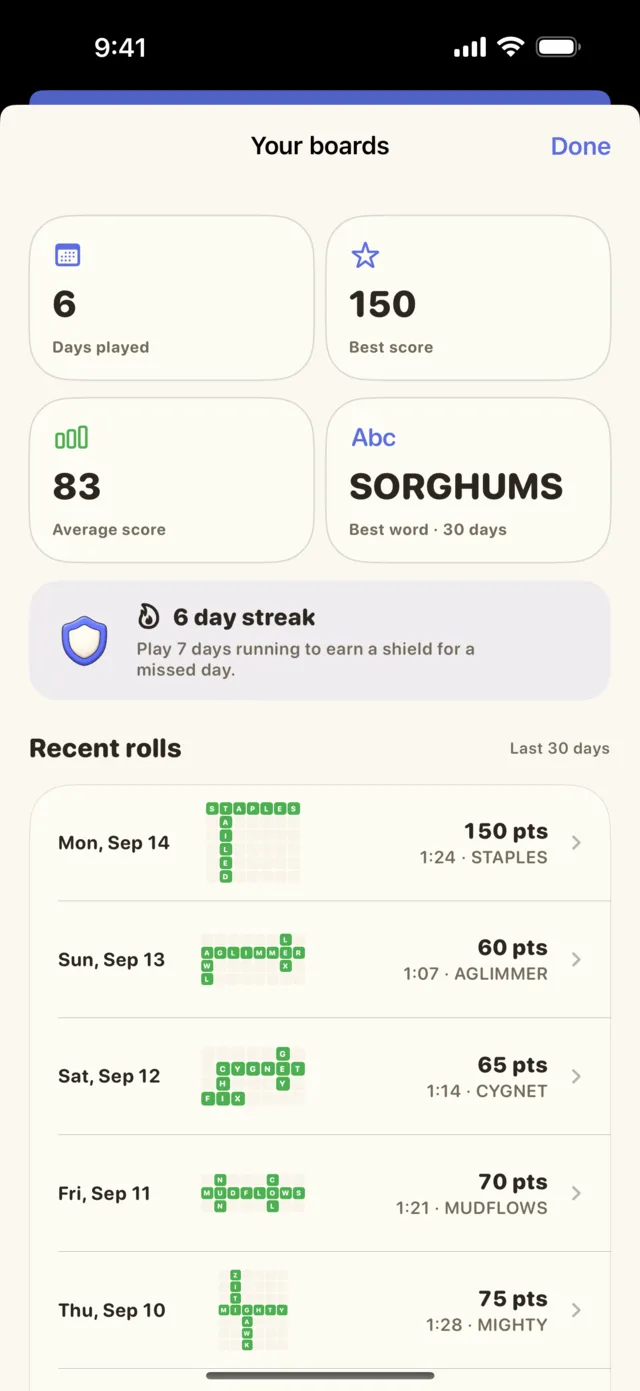 Your Boards drawer with score highlights, a streak and shield panel, and recent crosswords